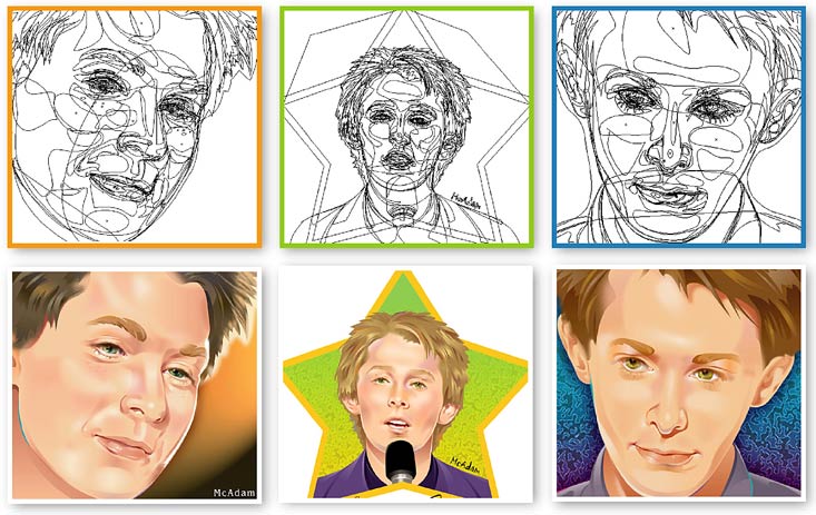 How Did You Do That? by Laurie McAdam. Notes for creating Clay Aiken portraits using Adobe Illustrator 10.